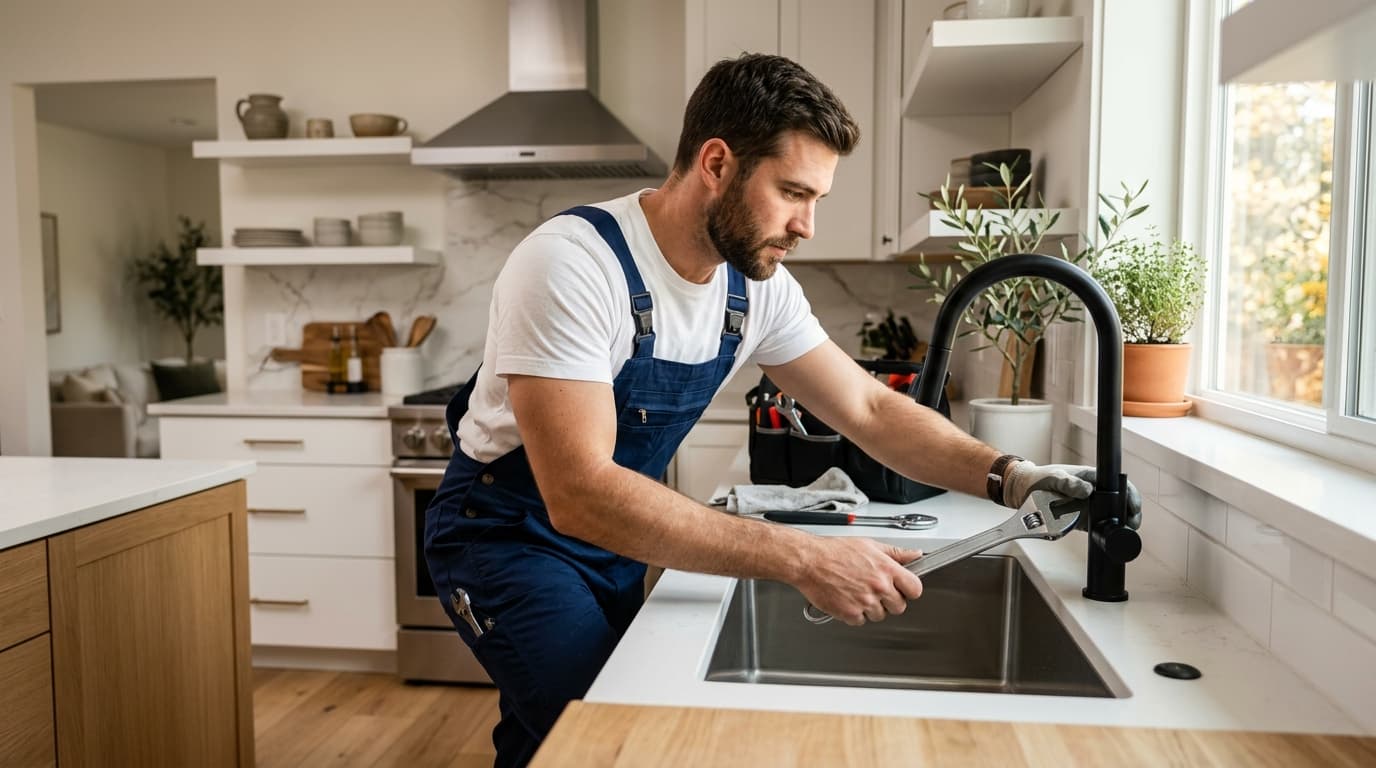 Professioneller Sanitärinstallateur bei Reparaturarbeiten an einer modernen Küchenarmatur