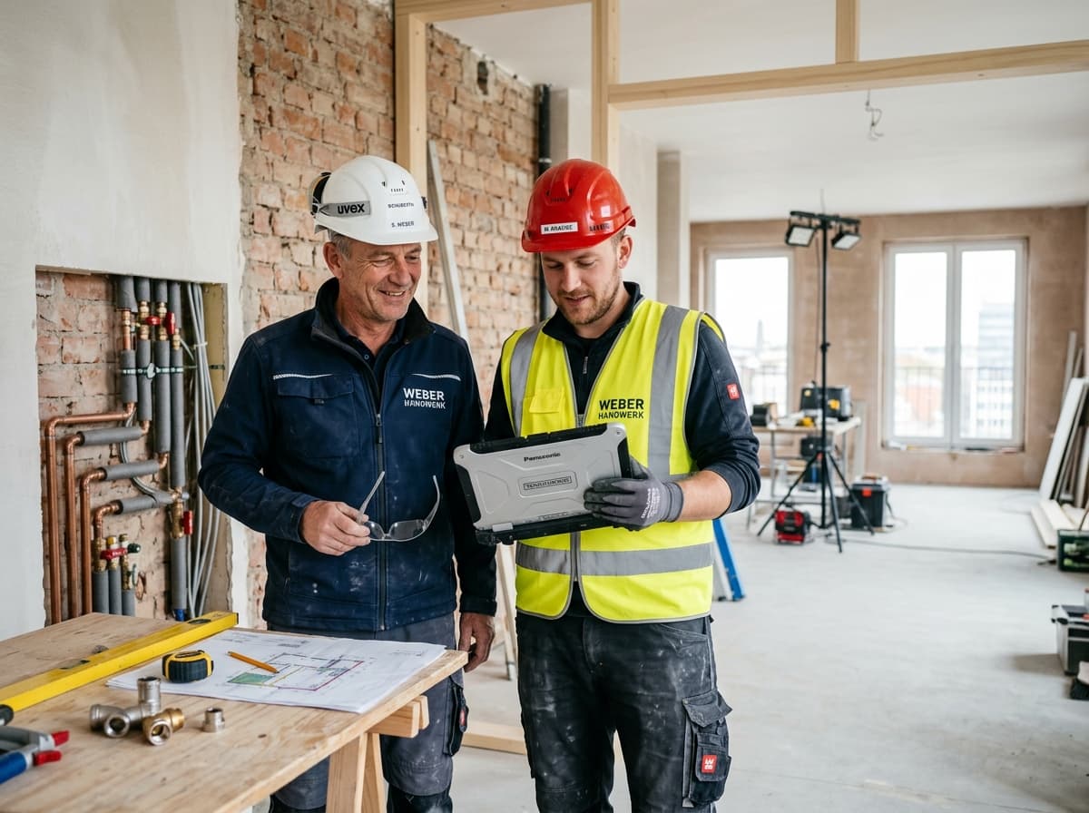 Zwei Sanitär- und Heizungsmeister bei der fachgerechten Besprechung auf der Baustelle mit Bauplan und Schutzhelmen